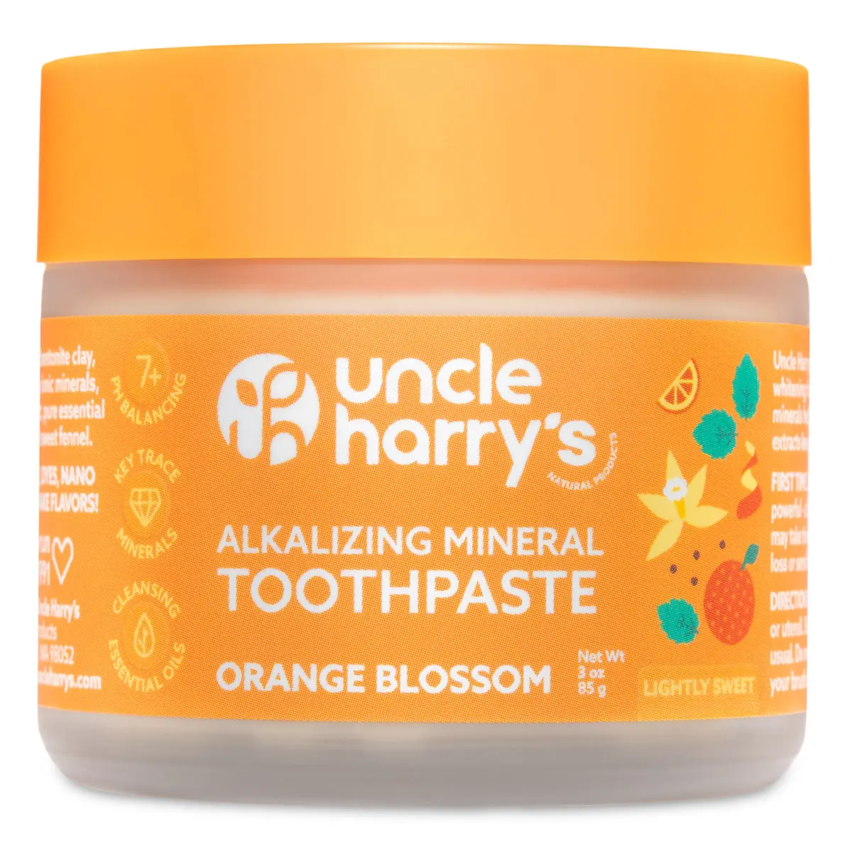 Uncle Harry's Orange Blossom Toothpaste with Xylitol, Vegan, Gluten-Free & Fluoride-Free, pH Balancing, Bentonite Clay Whitening, Non-GMO, Cruelty-Free, 3 oz, US Manufactured