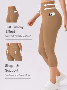 Women's High Waisted Yoga Pants, Comfortable Zero Restriction, Slimming Fit, Sporty Style, All Seasons, Fitted Seven-Fourth Leggings, Side Pocket Leggings