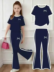 Women's Simple Pattern Printed Casual Comfort Fitted Short Sleeve T-Shirt and Bell Bottoms Set, All Seasons, Daily Wear, Outdoor Activities Outfit Pants