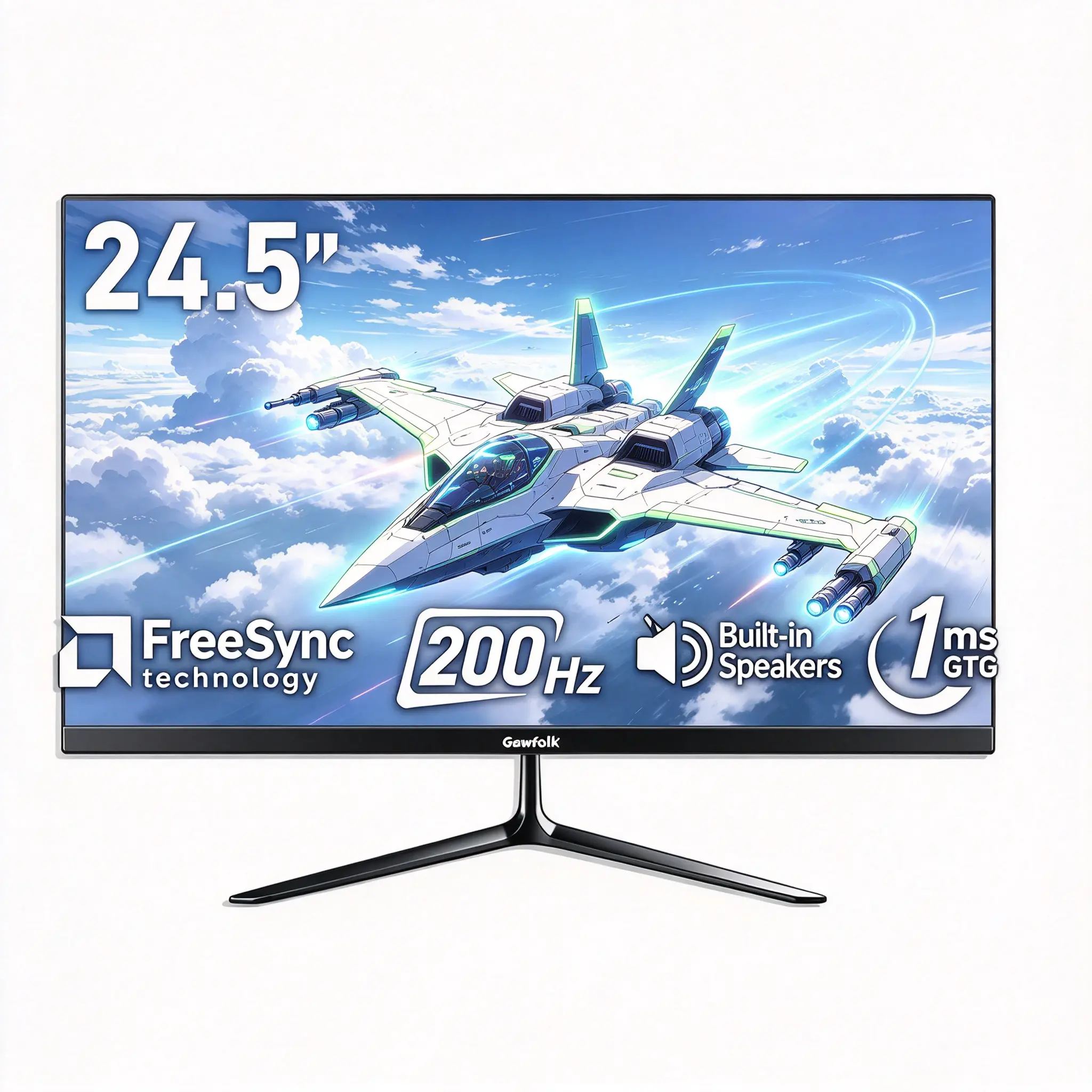 Gawfolk 24.5" FHD 1080P VA Gaming Monitor, 200Hz Refresh Rate 1ms GTG, Frameless, Adaptive Sync, 98% sRGB, Built-in Speakers, HDMI, 75x75 VESA Mount Desktop Screen for Competitive Gamers