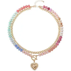 Colorful Acrylic Beaded Necklace for Women – Boho Double Layer Rainbow Beads, Thick Cuban Chain with Chunky Heart Pendant, Statement Choker, Summer Beach Jewelry Gift