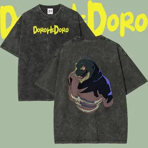 Unisex Dorohedoro Caiman Demon Form Double-Sided Graphic Cotton Fabric Menswear T-Shirt - Retro Washed, Vintage Distressed, Oversized Loose-Fit, Short-Sleeve, Harajuku Dark Manga Aesthetic Casual Streetwear Hip Hop Edgy Tee