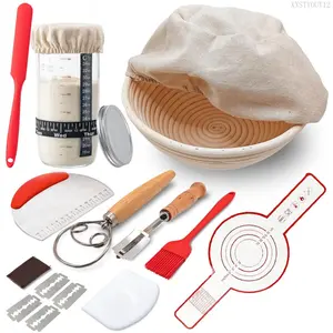 Complete Sourdough Starter Kit, Banneton Bread Proofing Basket with Glass Sourdough Starter Jar, Sourdough Bread Baking Supplies, 9'' Round Bread Proofing Basket, Sourdough Starter for Bread Making Baking Fermentation, Baking Utensils SuppliesXXSTYOUT12