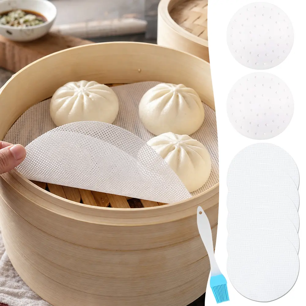 206pcs Steamer Liners Set Round Perforated Paper Sheets with Silicone Bamboo Steamer Liners and Brush for Dumplings, Buns & Dim Sum Steamer Basket Liners Accessories