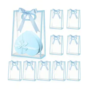 10 Transparent Plastic Gift Bags with Die-Cut Handles, Reusable PP Material, Includes Ribbon, Perfect for Christmas, Weddings, Birthdays, Baby Showers