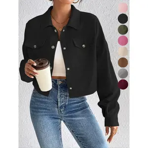 Women's Solid Button Front Drop Shoulder Corduroy Jacket, Casual Long Sleeve Flap Detail Collared Outerwear for Spring & Fall, Ladies Clothes for Daily Wear CoatsRAIMENTRY