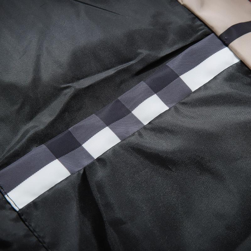 Men's lightweight hooded (stand-up collar) jacket, zip-up windbreaker, with adjustable drawstrings and color-block stripes, stylish for spring and autumn, casual men's outerwear, customizable personalized jacket, fashionable khaki plaid design