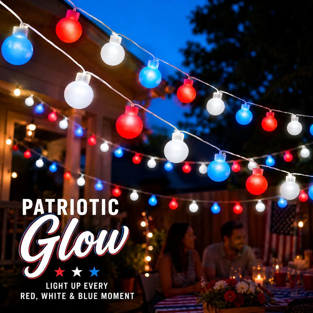 Patriotic Red-White-Blue Frosted Globe LED String Lights with LED Bulbs, Festive Home & Party Decor for Patio, Garden