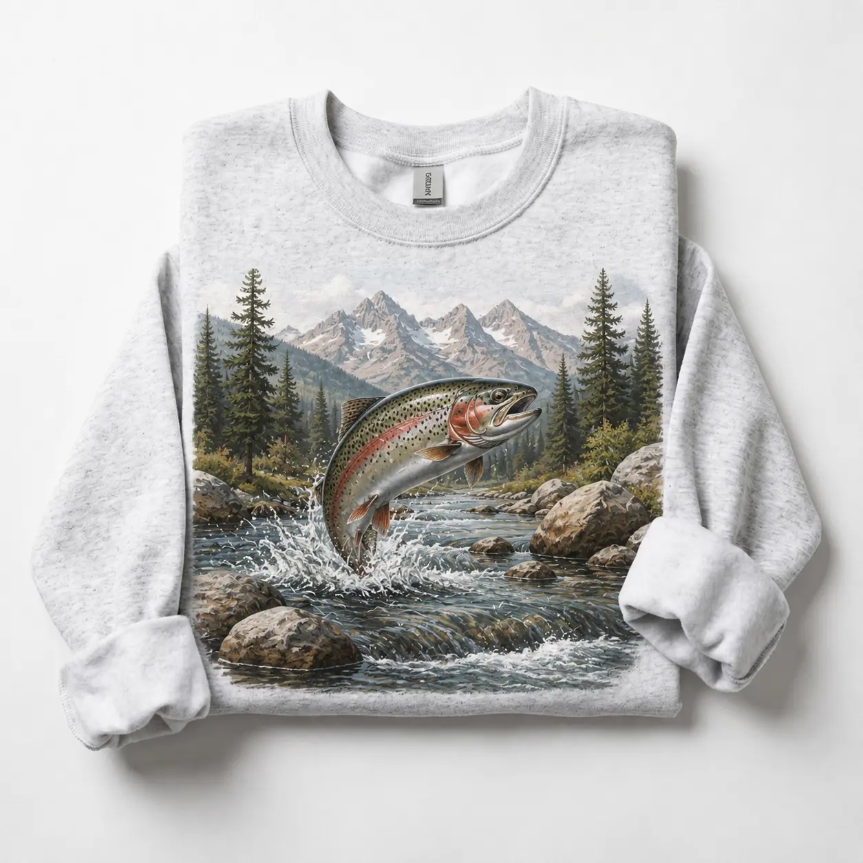 Rainbow Trout Mountain River Sweatshirt - Classic Wilderness Stream Nature Crewneck Pullover for Men Women