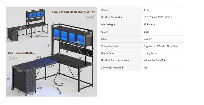 Sikaic 62 Inches LED Reversible L Shaped Gaming Desk With Power Outlet Storage Drawers Hutch and Pegboard