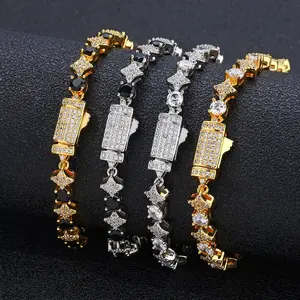 Moissanite Star Tennis Bracelet for Women Men Gold Iced Out Sparkling Diamond Look Chain Dainty Luxury Hip Hop Jewelry Unisex Fashion Bracelet Gift for Birthday Anniversary Party Wedding Daily Wear