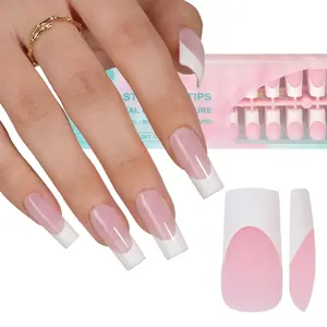 French Gel Nail Tips, French Tip Press on Long Square Pink, No Need to File Tips Pre-lasting Fake Art DIY