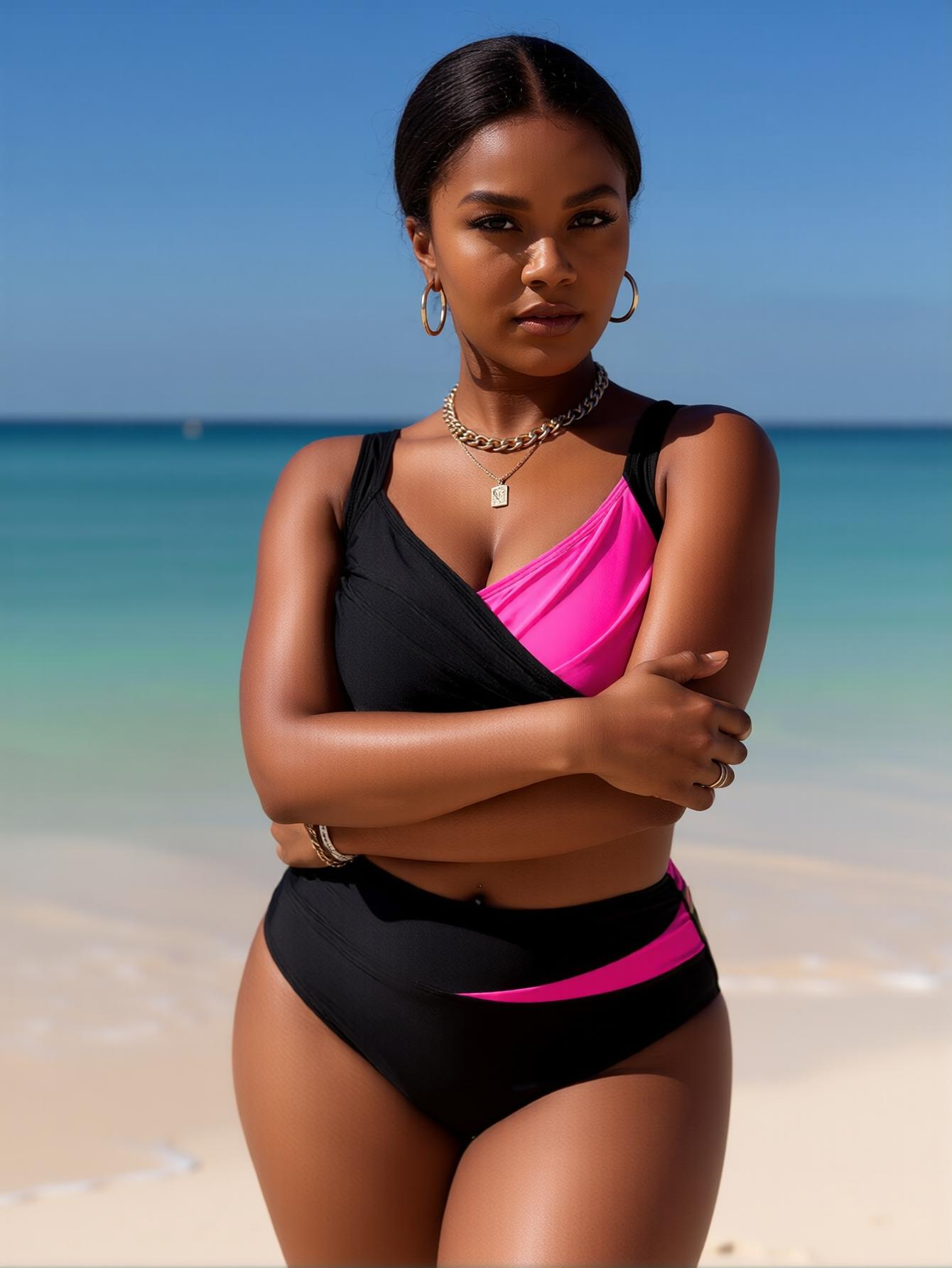 Casual Plus Size High Waist Two Piece Bikini Set Black Pink Color Block Tropical Style Beachwear