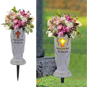Cemetery Grave Flower Vase,Cometery Decorations for Grave,Angel Vases with Spike,Angel Wings and Cross Solar Light Cemetery Vase with Removable Stakes, Gift for Lost Lovers Ones