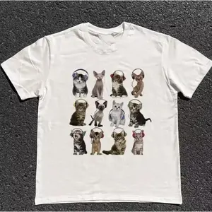 Cat Ear Headphone T-shirt, Unisex Retro Pattern T-shirt, Gothic Style Y2K Emotion Scene Amity Affliction Style Clothing, Unisex Streetwear