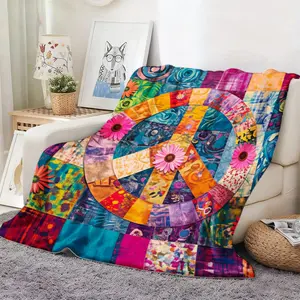 1pc Colorful Patchwork Peace Sign Flannel Blanket - Soft Bedspread with Multicolor Squares ( Base), - Couch Bed Car Office Use, Boys Girls Birthday Valentine's Gift, Machine Washable Bedding
