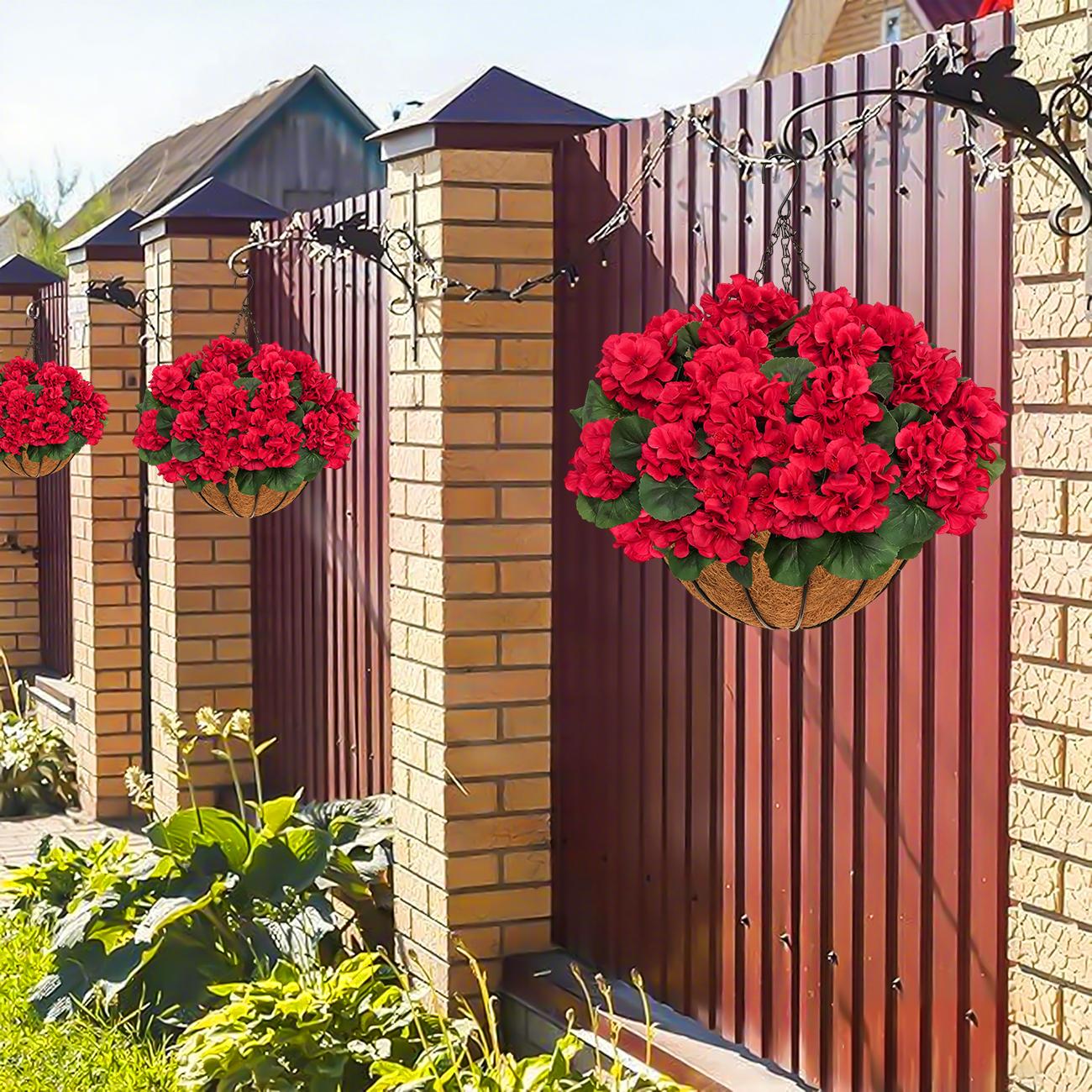 2pcs Artificial Geraniums with Hanging Baskets, 12 Bundles UV Resistant Artificial Outdoor Plants, Fake Red Flowers for Spring Front Porch Home Patio Balcony Yard Decor