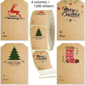 Vintage Christmas Themed Gift Tag Sticker, 1/4 Rolls Cartoon Pattern Self Adhesive Gift Wrapping Labels, Gift Packaging Supplies for Christmas Party