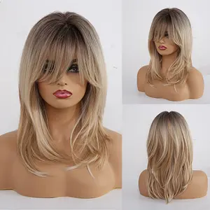 Heat Resistant Ombre Brown Shoulder Length Layered Wig with Bangs - Natural Looking Synthetic Fibre Hairpiece for Women