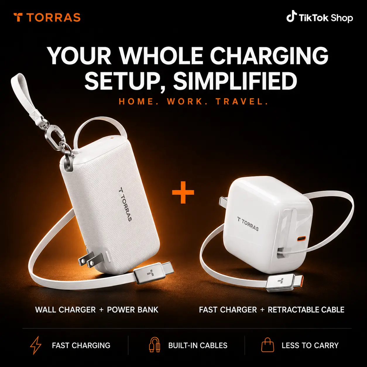 TORRAS POWER combo deal, 3-in-1 Travel Charger with Built-in Cable, 45W Portable Power Bank & Wall Charger, One for Home One for Bag, Fast Charging Bundle for iPhone & USB-C Devices