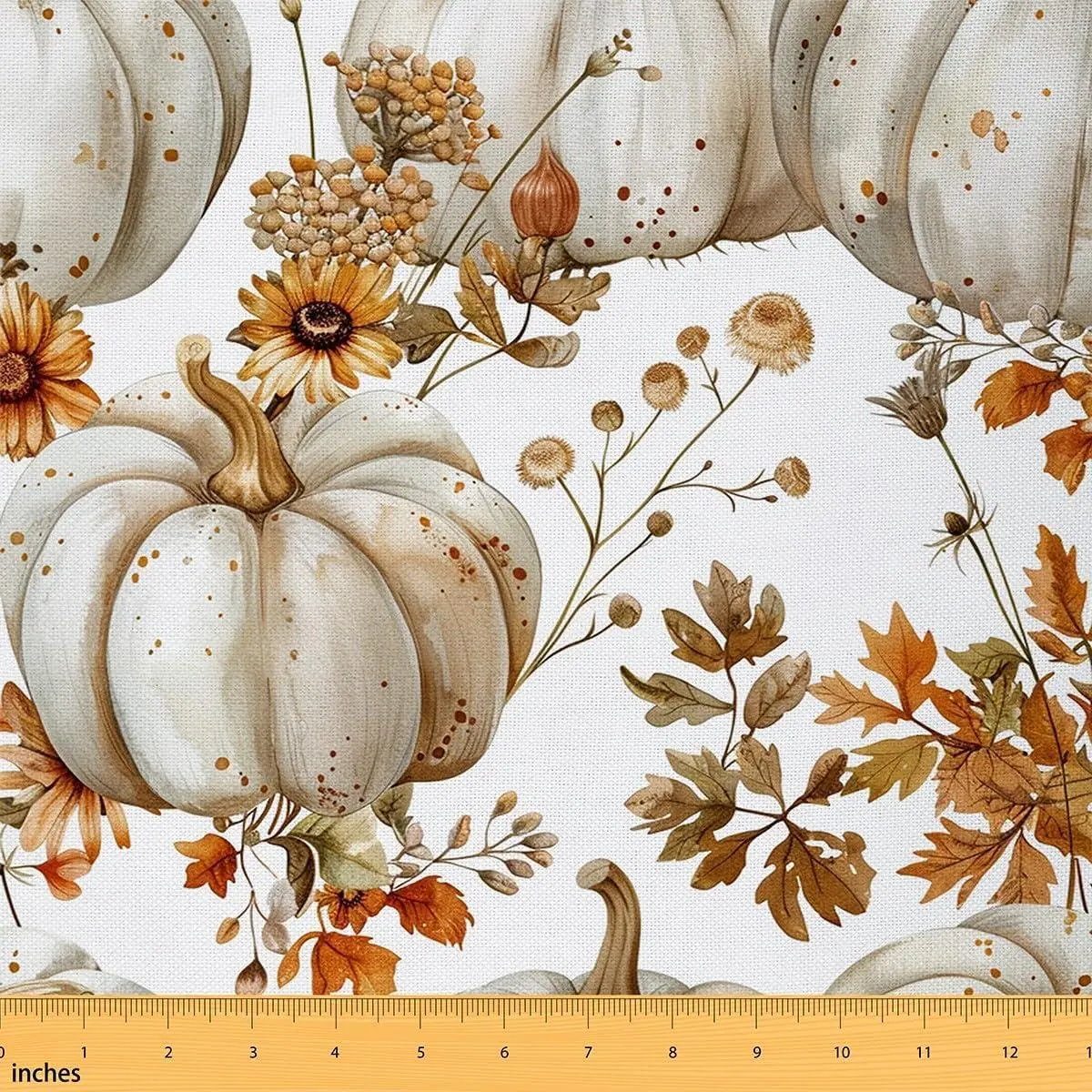 Autumn Harvest Fabric,Country Rustic Farmhouse Soft Flannel Polyester Fabric,Vintage Pumpkin Flowers Decorative Fabric Sofa Chair,Beige White Crafts DIY Fabric