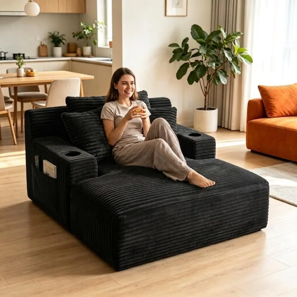67" Oversized Chaise Lounge Chair Indoor, Boneless Reading Chair, Flannel Cloud Couch for Living Room, Deep Seat Sleeper Sofa with 3 Pillows, Storage Pockets & 2 Cup Holders, No Assembly,Black