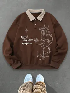 Unisex style, Y2K collegiate Preppy look, Classic, letter print, autumn and winter version, Long Sleeve, thick retro British lamb-fur collar Fitted pullover POLO hoodie, suitable for streetwear, casual, trendy outfits