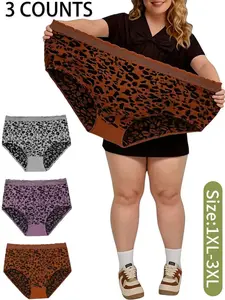 【Plus Size】3 PCS Women's High-Waisted Leopard Print Panties Set, Seamless Waist Cinching Butt Lifting Breathable Soft Triangle Underwear