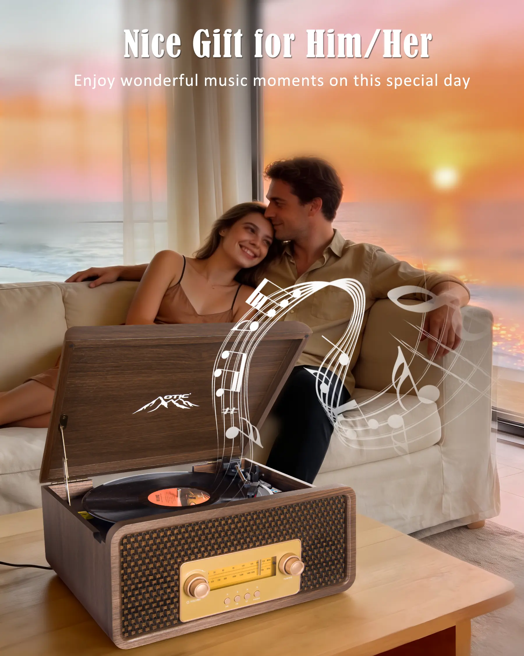 3-Speed Bluetooth Vinyl Record Player with Speakers, Servo-Controlled Speed, Auto Stop, AM/FM Stereo Radio, Auxiliary Input, Wireless Music Streaming, Retro Wood Desktop Design, Amber LED Backlight, Ideal for Beginners