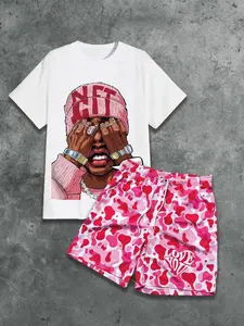 Men's Casual Suit Set, Menswear, Portrait Print T-Shirt + Camouflage Shorts, Music Festival / Streetwear / Date, Loose-Fitting Style