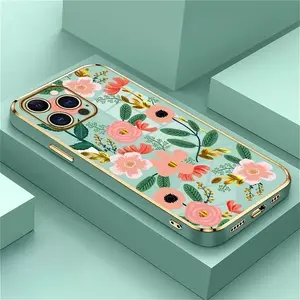 Stylish Floral Charm Luxury Golden Edge Elecroplated TPU Camera Lens Protection Shockproof Phone Cover Gift Case for iPhone  17 15 Pro Max 16 Air 14 Plus 13 12 11