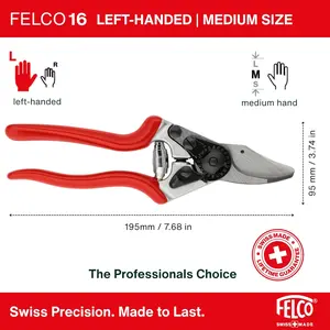 Felco F16 Pruning Shears – 7.7" Garden Clippers for Left-Handed Users with Bypass & Anvil Blades | Hand Pruners for Gardening | Garden Tool Cutter with Aluminum Handle, Lightweight Swiss Precision