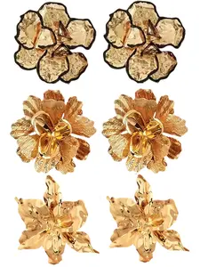 3 Pairs Elegant Golden Floral Dangle Earrings for Women Chunky Earings Statement Stud Earrings Vintage-Inspired Metal Flower Design, Perfect for Casual Attire and Special Occasions, Seasonal Accessories, Intricate Craftsmanship
