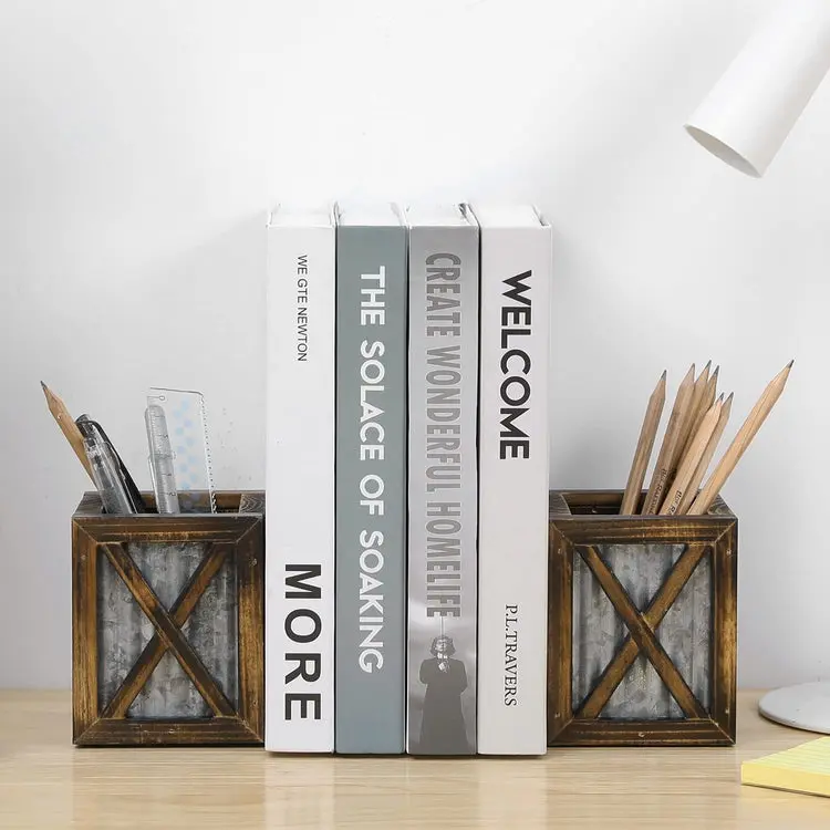 Burnt Wood Decorative Bookends, Wood and Galvanized Metal Desktop Book Stands with Pen Holder Storage Bins, 1 Pair
