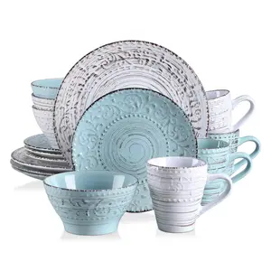 Vancasso 16-Piece Dinnerware Set for 4, Embossed Vine Design with Spiral & Eyelash Rim, Includes 4 Dinner Plates, 4 Side Plates, 4 Bowls, 4 Mugs, Blue Ceramics   Tableware Kit Cutlery