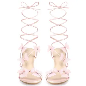BLISSFUL STEP Butterfly Heels Rhinestone Lace Up Chunky Heel Sandals for Women