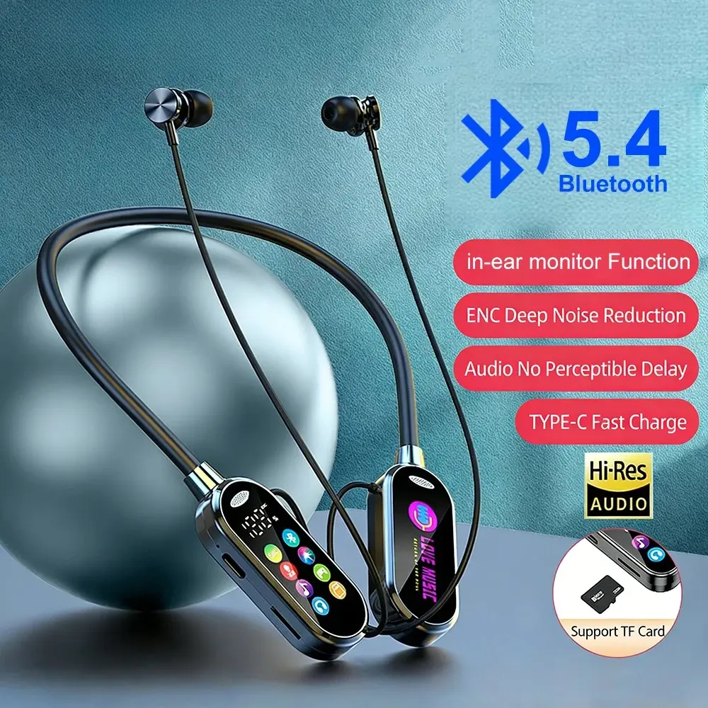 Bluetooth 5.4 Earphones Neckband Headphones Color Screen Wireless Headsets Noise Reduction Earbuds Earphone Monitor