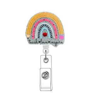 Retractable Badge Reel, 1 Count Rainbow Pattern Acrylic ID Holder with Clip, Identification Badges & Supplies for Nurses, Doctors, Students & Office Staff