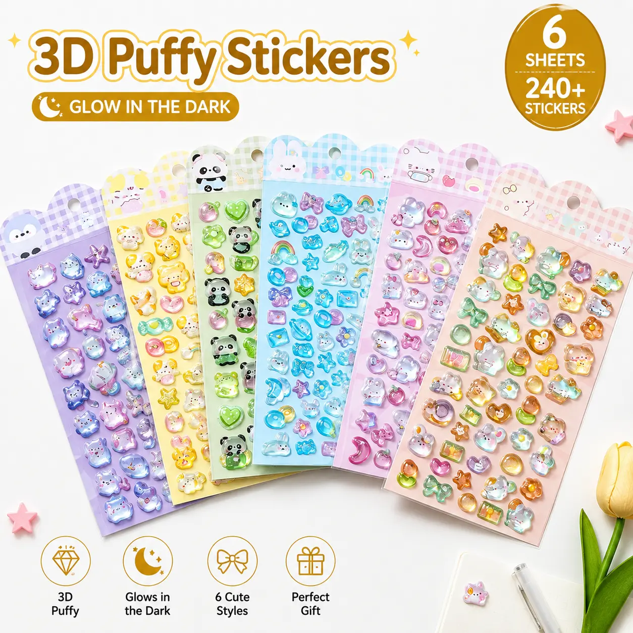 Unisex 6-Pack Glow-in-the-Dark 3D Cute Cartoon Puffy Stickers, Decorative Supplies for Scrapbooking, Phone Cases & Crafting Projects