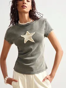 SOLEMN Casual Vintage Solid Color Knit Fitted Distressed Women T-Shirt Suitable For Summer & Autumn