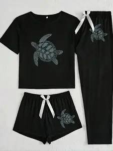 Women's Cartoon Cat Print Pajama Set, Knit 3 Piece Sleepwear Collection, Casual Fitted Nightwear for All Seasons, Loungewear, Turtle