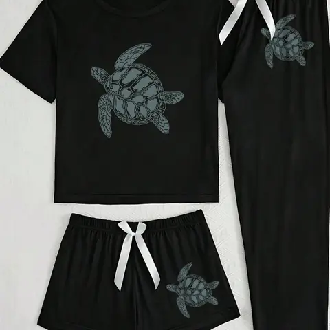 Women's Cartoon Animal Cat Print Pajama Set, Knit 3 Piece Sleepwear Collection, Casual Fitted Nightwear for All Seasons, Loungewear, Homewear, Turtle, Pjs, Aesthetic, Womenswear