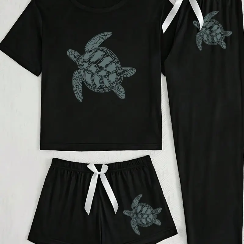 Women's Cartoon Animal Cat Print Pajama Set, Knit 3 Piece Sleepwear Collection, Casual Fitted Nightwear for All Seasons, Loungewear, Homewear, Turtle, Pjs, Aesthetic, Womenswear