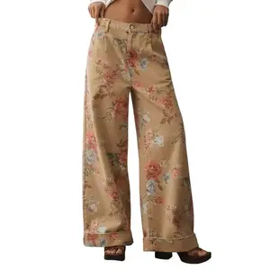 Vintage Floral Wide Leg Jeans High Waist Washed Denim Pants with Rolled Hem Loose Fit Straight Leg Trousers Casual Streetwear Retro Style All Season Outfit Trendy Wardrobe Essential Fabric Fashion Womenswear