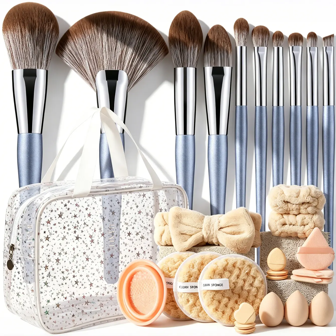 Light Blue Glitter Star All-In-One Makeup Tools Set Cosmetic Brushes Beauty Sponges Triangle Round Powder Puffs Plush Hairband Wristbands Silicone Cleaner Bowl Star Printed Transparent Washbag for Daily & Travel