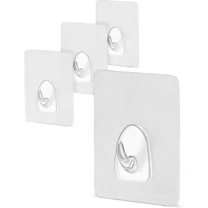Self-Adhesive &   Free Adhesive Hooks Transparent 2.4 x 3.1 in Wall Hooks for Gluing up to 6 lb No Drilling Towel Hook for Kitchen, Bathroom & Decoration (Pack of 4) - White