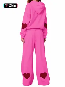 Women's 2-Piece Heart Print Hoodie and Long Pants Set, Casual Simple Style for Commuting Daily Wear, Comfortable and Stylish