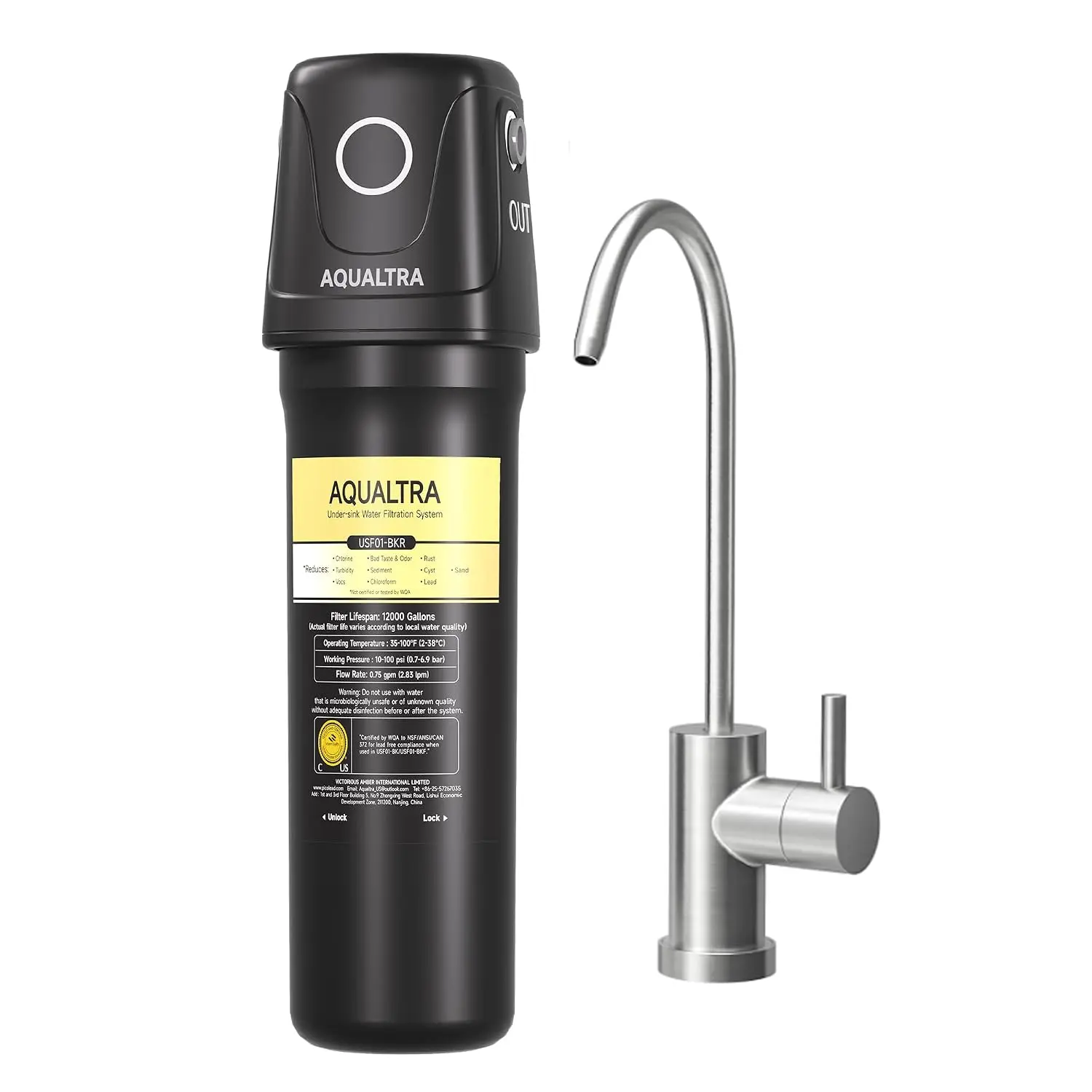AQUALTRA USF01-BKF Under Sink Filter System, 12K Gal with Faucet, NSF/ANSI/CAN 372 Certified, Reduce PFOA, PFOS, Chlorine, Lead, Mercury, Chloramine, Fluoride, Microplastic Particles, Bad Taste & Odor
