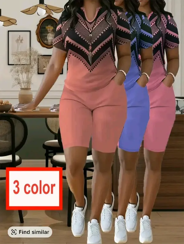 Purple Chevron Pattern Short Sleeve Top & Bike Shorts Set for Women Comfortable & Stylish, Women 2 Piece Sets, Women's Clothing
