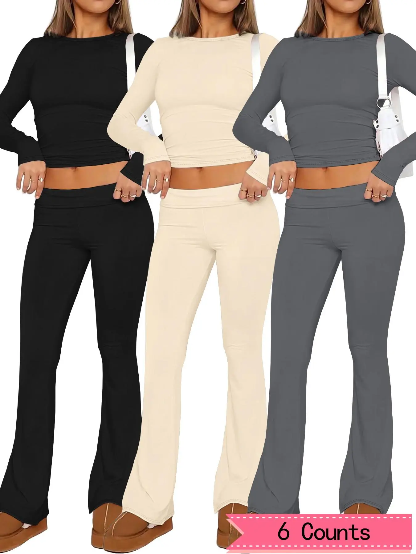 Women's Solid Basic Long Sleeve Fitted Crop Tee & Flared Leg Pants Set, Casual Round Neck Cropped Top & Bell Bottom Trousers for Spring & Fall, Outfit Sets for Women, Women's Clothes for Daily Wear, Style